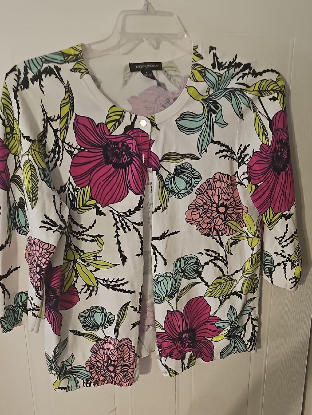 Designers Originals White Floral Cardigan with Pink and Green Leaves